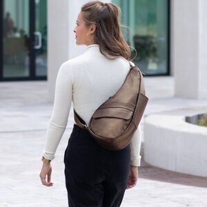 Healthy back bag brown pebbled leather large sling bag